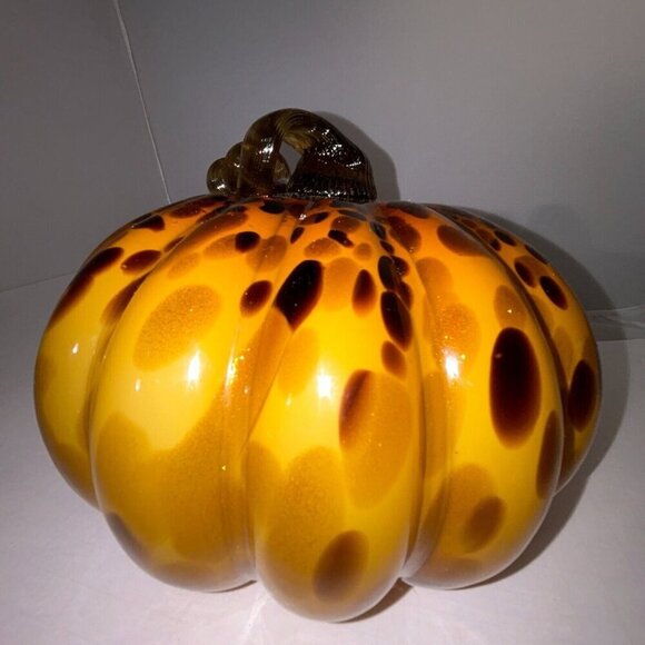 Hand Blown Orange Brown Glass Pumpkin Long Stem Autumn 9" X 7" Thanksgiving - Picture 7 of 13